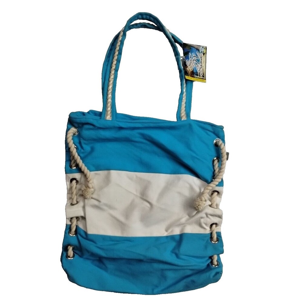 Sun N Sand Turquoise & White Color Roped Tote Bag w/ Inner Pockets 17"x 15"